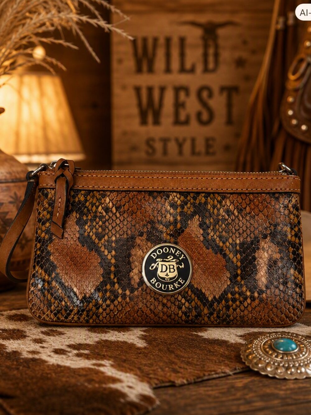 Dooney & Bourke Brown Snake Print Embossed Leather Wristlet